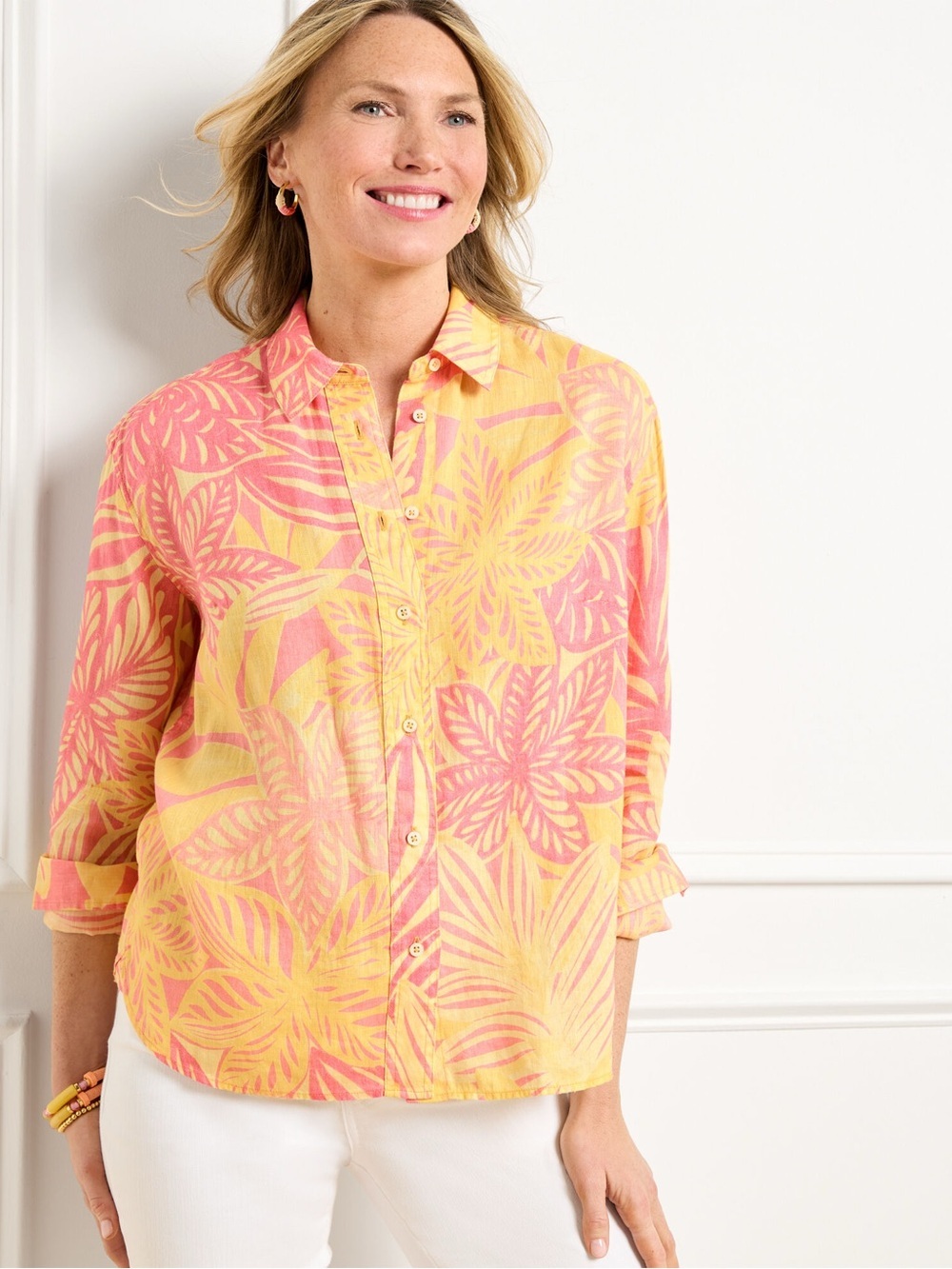 Talbots Linen Short Boxy Button-Up Shirt Watercolor Botanical Medium Topical